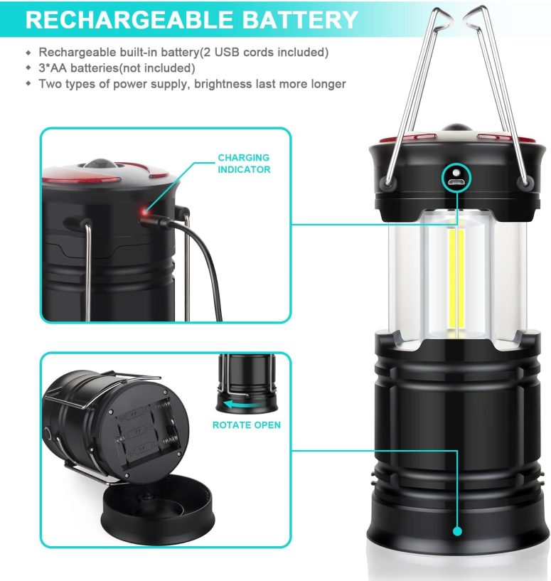 2 Pack Camping Lanterns Camping Accessories USB Rechargeable and Battery Powered 2-in-1 LED Lanterns, Hurricane Lights with Flashlight and Magnet Base for Camping, Hiking, Emergency, Outage - Image 2