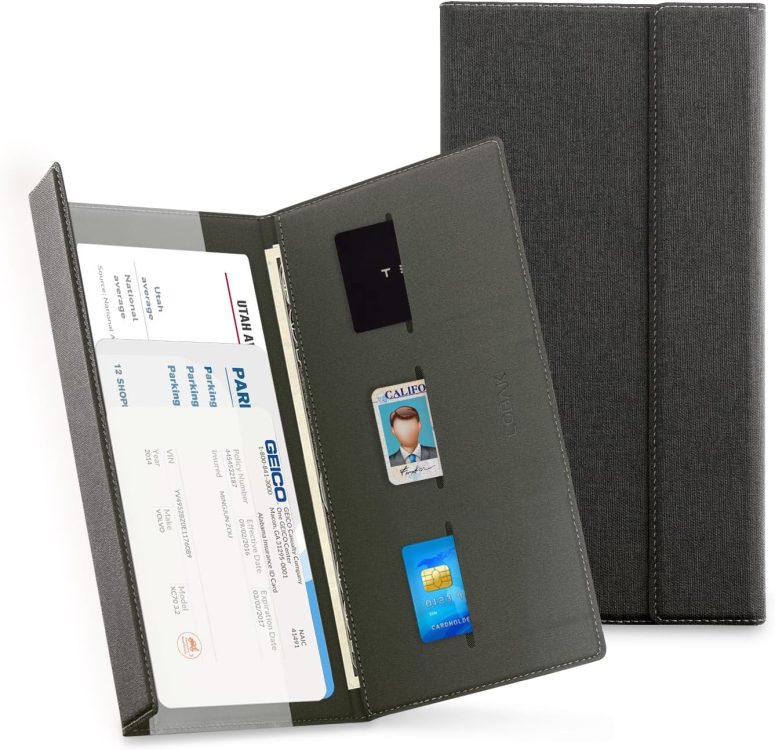 CoBak Leather Car Registration and Insurance Holder with Magnetic Compartment - Vehicle Glove Box Organizer for Driver License, Cards, Emergency Cash - Auto Truck Accessories Case, Cloth Black