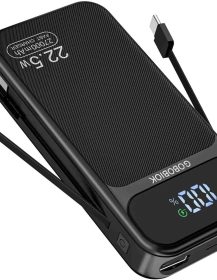 Power Bank 27000mAh Fast Charging Built-in 2 Cables, 22.5W Portable Charger, Portable USB C Power Bank Battery Pack with LCD Display Powerbank for Smartphones Tablets and More