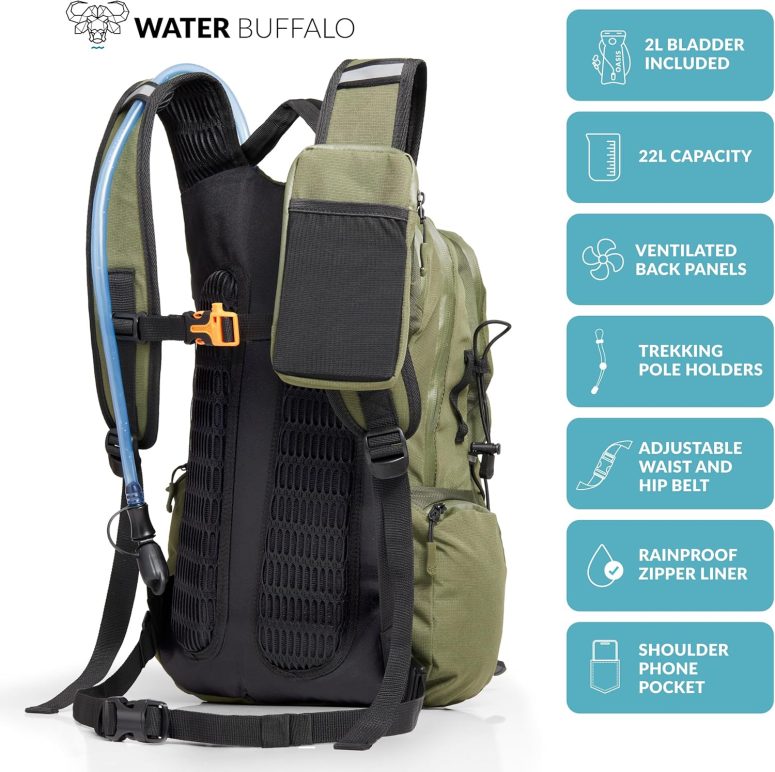 Water Buffalo Hydration Backpack - Sherpa 22L Hiking Backpack with Water Bladder - Water Backpack for Hiking with Waterproof Zippers, Phone & Pole Holders - Image 2